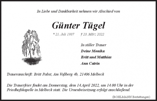 Traueranzeige von Günter Tügel  von Hamburger Tageszeitungen und Anzeigenblättern der FUNKE Mediengruppe