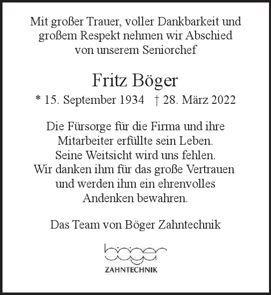 Traueranzeige von Fritz  Böger  von Hamburger Tageszeitungen und Anzeigenblättern der FUNKE Mediengruppe
