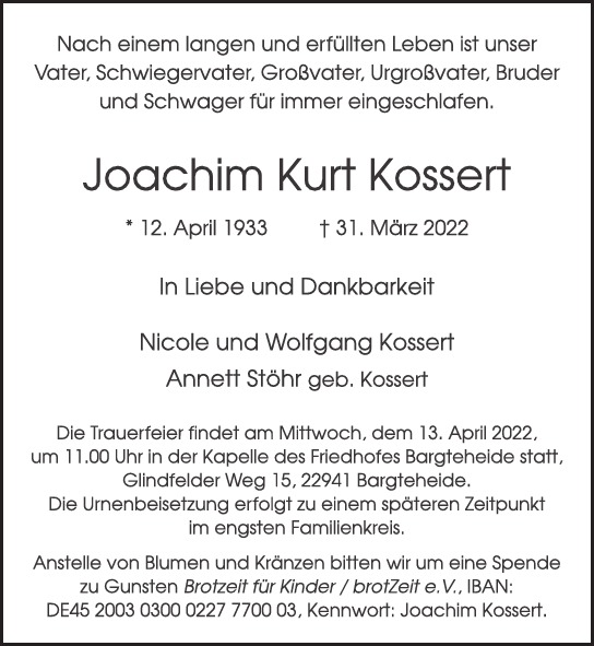 Traueranzeige von Joachim Kurt  Kossert  von Hamburger Tageszeitungen und Anzeigenblättern der FUNKE Mediengruppe