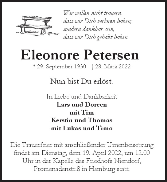 Traueranzeige von Eleonore Petersen  von Hamburger Tageszeitungen und Anzeigenblättern der FUNKE Mediengruppe
