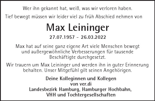 Traueranzeige von Max  Leininger  von Hamburger Tageszeitungen und Anzeigenblättern der FUNKE Mediengruppe