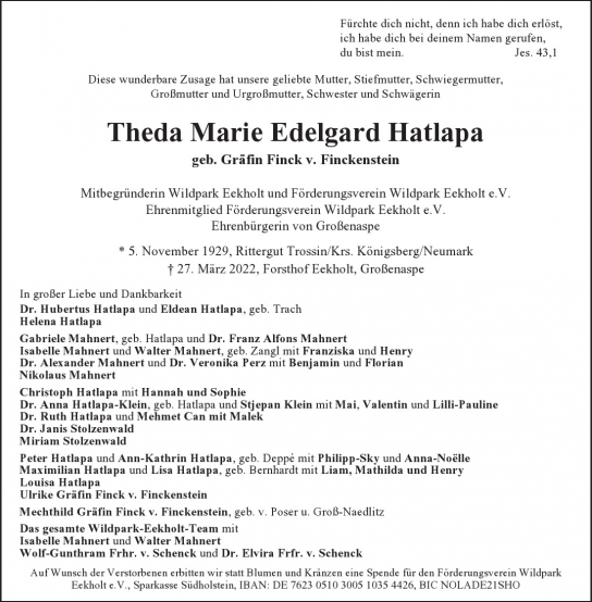 Traueranzeige von Theda Marie Edelgard Hatlapa  von Hamburger Tageszeitungen und Anzeigenblättern der FUNKE Mediengruppe