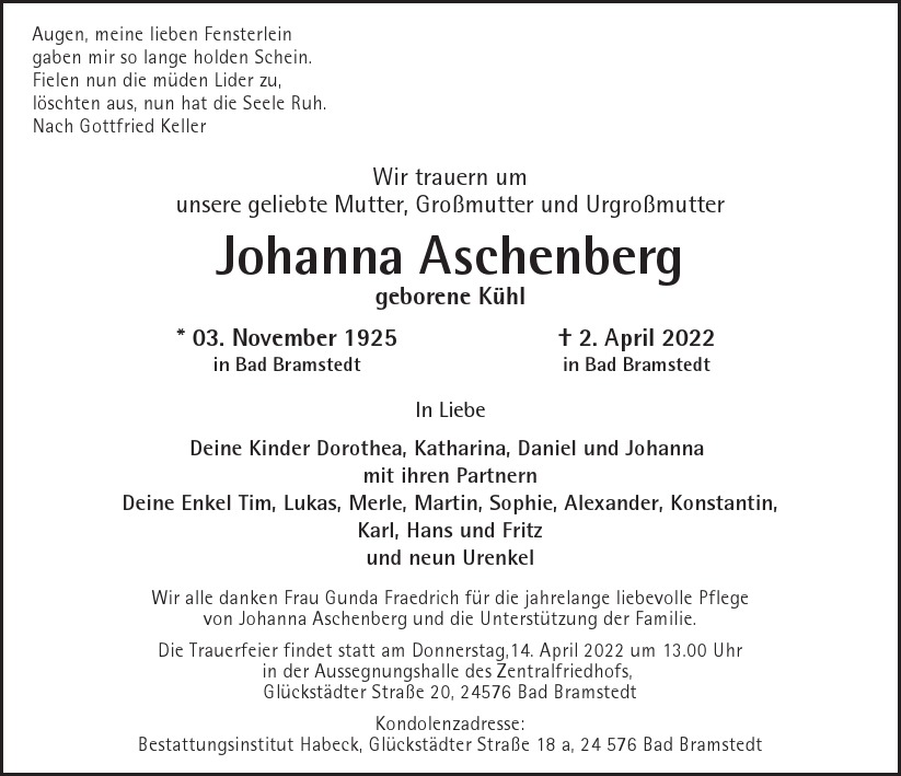  Traueranzeige für Johanna Aschenberg  vom 09.04.2022 aus Hamburger Tageszeitungen und Anzeigenblättern der FUNKE Mediengruppe