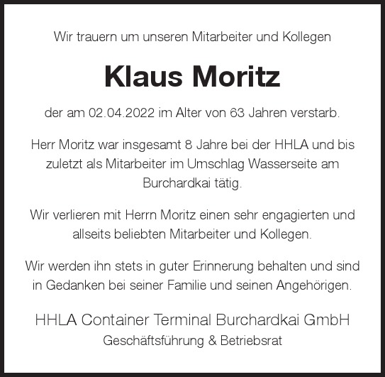 Traueranzeige von Klaus  Moritz  von Hamburger Tageszeitungen und Anzeigenblättern der FUNKE Mediengruppe