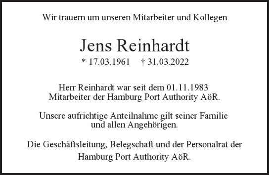 Traueranzeige von Jens  Reinhardt  von Hamburger Tageszeitungen und Anzeigenblättern der FUNKE Mediengruppe
