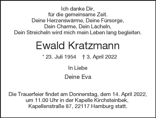 Traueranzeige von Ewald Kratzmann von Hamburger Tageszeitungen und Anzeigenblättern der FUNKE Mediengruppe