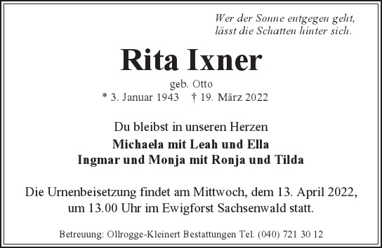 Traueranzeige von Rita  Ixner  von Hamburger Tageszeitungen und Anzeigenblättern der FUNKE Mediengruppe