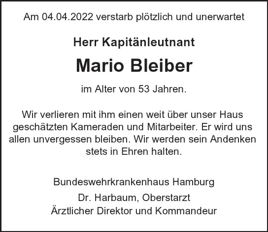  Traueranzeige für Mario Bleiber vom 23.04.2022 aus Hamburger Tageszeitungen und Anzeigenblättern der FUNKE Mediengruppe
