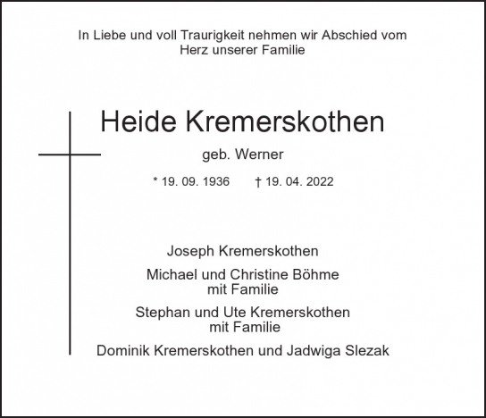 Traueranzeige von Heide Kremerskothen von Hamburger Tageszeitungen und Anzeigenblättern der FUNKE Mediengruppe