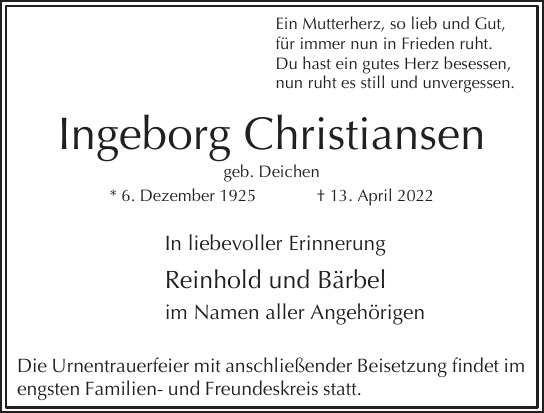 Traueranzeige von Ingeborg  Christiansen  von Hamburger Tageszeitungen und Anzeigenblättern der FUNKE Mediengruppe