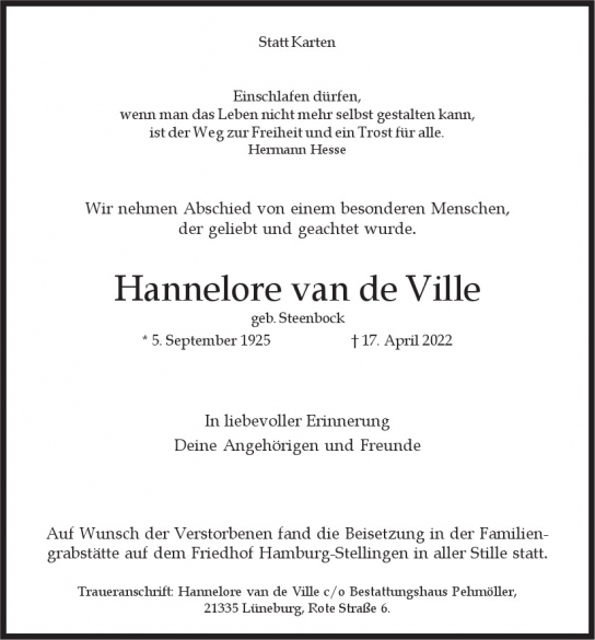 Traueranzeige von Hannelore  van de Ville  von Hamburger Tageszeitungen und Anzeigenblättern der FUNKE Mediengruppe