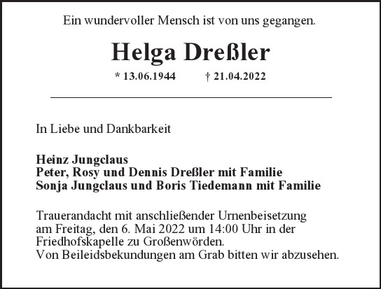 Traueranzeige von Helga  Dreßler  von Hamburger Tageszeitungen und Anzeigenblättern der FUNKE Mediengruppe