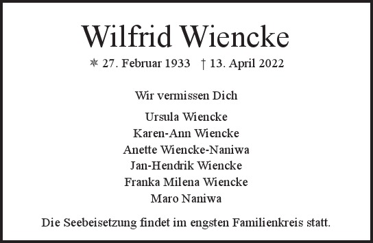 Traueranzeige von Wilfrid  Wiencke  von Hamburger Tageszeitungen und Anzeigenblättern der FUNKE Mediengruppe