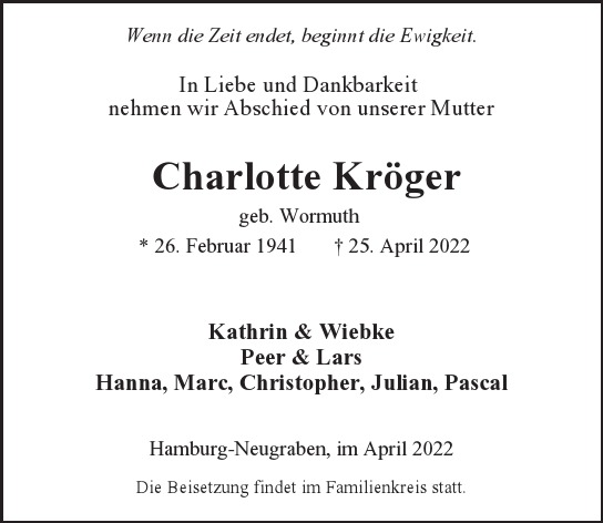 Traueranzeige von Charlotte  Kröger  von Hamburger Tageszeitungen und Anzeigenblättern der FUNKE Mediengruppe