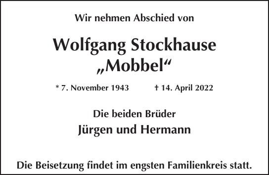 Traueranzeige von Wolfgang Mobbel  Stockhause  von Hamburger Tageszeitungen und Anzeigenblättern der FUNKE Mediengruppe