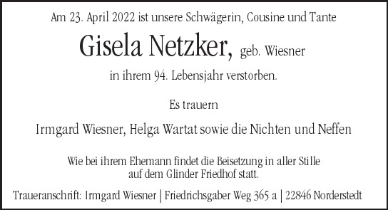 Traueranzeige von Gisela  Netzker von Hamburger Tageszeitungen und Anzeigenblättern der FUNKE Mediengruppe