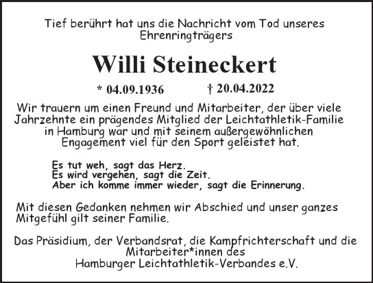 Traueranzeige von Willi  Steineckert  von Hamburger Tageszeitungen und Anzeigenblättern der FUNKE Mediengruppe