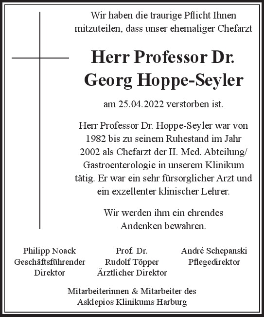 Traueranzeige von Georg  Hoppe-Seyler  von Hamburger Tageszeitungen und Anzeigenblättern der FUNKE Mediengruppe