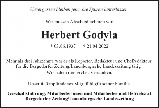 Traueranzeige von Herbert Godyla  von Hamburger Tageszeitungen und Anzeigenblättern der FUNKE Mediengruppe