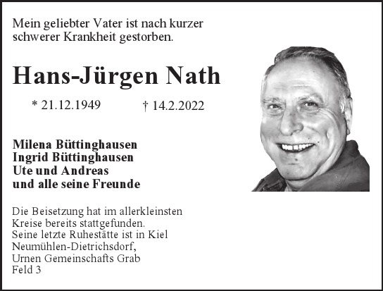 Traueranzeige von Hans-Jürgen Nath  von Hamburger Tageszeitungen und Anzeigenblättern der FUNKE Mediengruppe