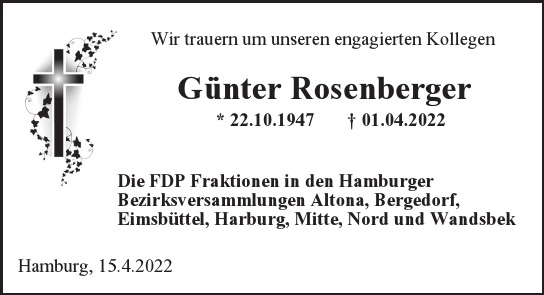 Traueranzeige von Günter Rosenberger  von Hamburger Tageszeitungen und Anzeigenblättern der FUNKE Mediengruppe