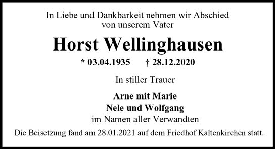 Traueranzeige von Horst Wellinghausen von Hamburger Tageszeitungen und Anzeigenblättern der FUNKE Mediengruppe