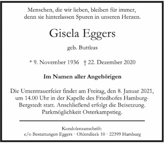 Traueranzeige von Gisela Eggers von Hamburger Tageszeitungen und Anzeigenblättern der FUNKE Mediengruppe