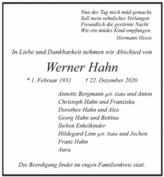 Traueranzeige von Werner Hahn von Hamburger Tageszeitungen und Anzeigenblättern der FUNKE Mediengruppe