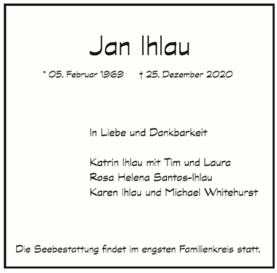 Traueranzeige von Jan Ihlau von Hamburger Tageszeitungen und Anzeigenblättern der FUNKE Mediengruppe