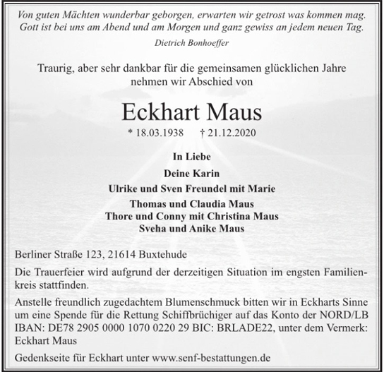 Traueranzeige von Eckhart Maus von Hamburger Tageszeitungen und Anzeigenblättern der FUNKE Mediengruppe