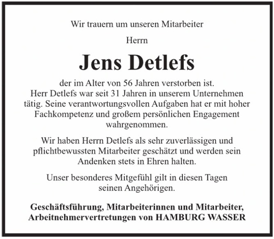 Traueranzeige von Jens Detlefs von Hamburger Tageszeitungen und Anzeigenblättern der FUNKE Mediengruppe