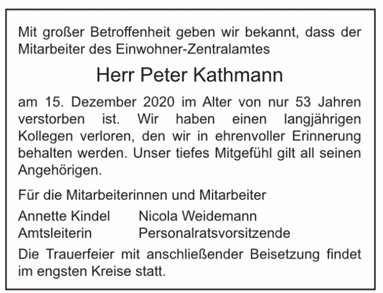 Traueranzeige von Peter Kathmann von Hamburger Tageszeitungen und Anzeigenblättern der FUNKE Mediengruppe