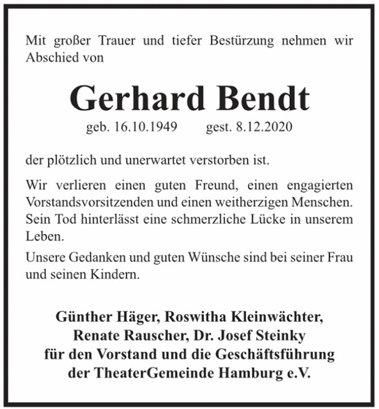 Traueranzeige von Gerhard Bendt von Hamburger Tageszeitungen und Anzeigenblättern der FUNKE Mediengruppe