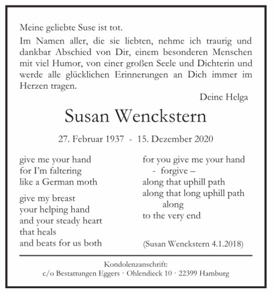 Traueranzeige von Susan Wenckstern von Hamburger Tageszeitungen und Anzeigenblättern der FUNKE Mediengruppe