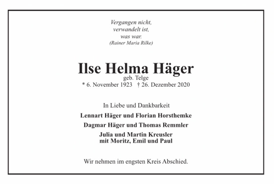 Traueranzeige von Ilse Helma Häger von Hamburger Tageszeitungen und Anzeigenblättern der FUNKE Mediengruppe