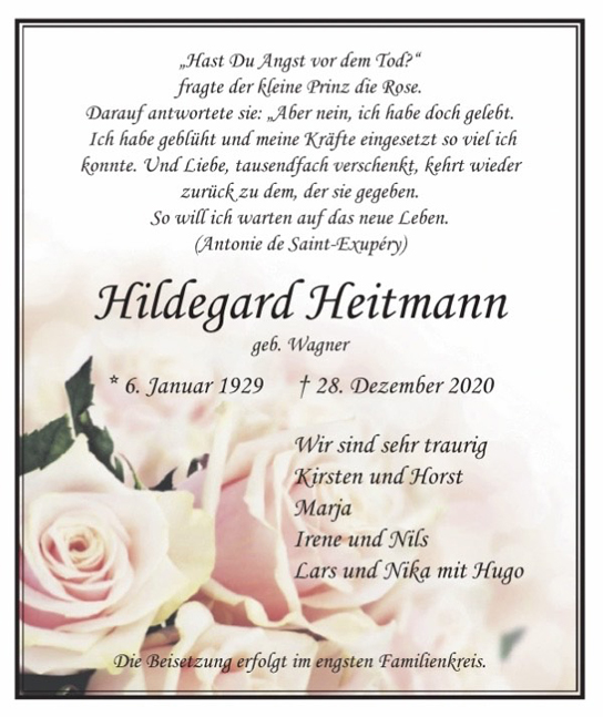 Traueranzeige von Hildegard Heitmann von Hamburger Tageszeitungen und Anzeigenblättern der FUNKE Mediengruppe