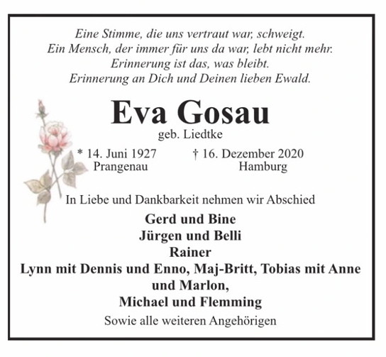 Traueranzeige von Eva Gosau von Hamburger Tageszeitungen und Anzeigenblättern der FUNKE Mediengruppe