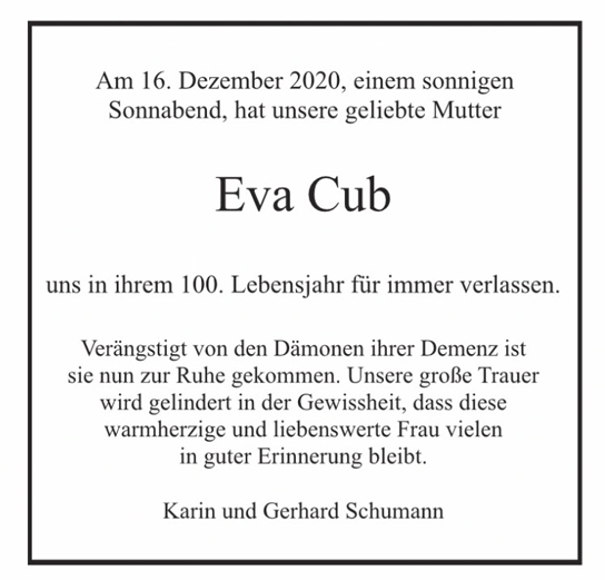 Traueranzeige von Eva Cub von Hamburger Tageszeitungen und Anzeigenblättern der FUNKE Mediengruppe