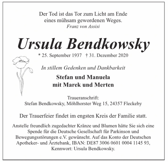 Traueranzeige von Ursula Bendkowsky von Hamburger Tageszeitungen und Anzeigenblättern der FUNKE Mediengruppe
