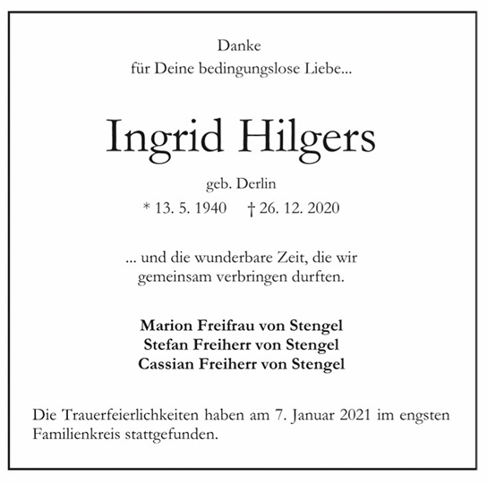 Traueranzeige von Ingrid Hilgers von Hamburger Tageszeitungen und Anzeigenblättern der FUNKE Mediengruppe