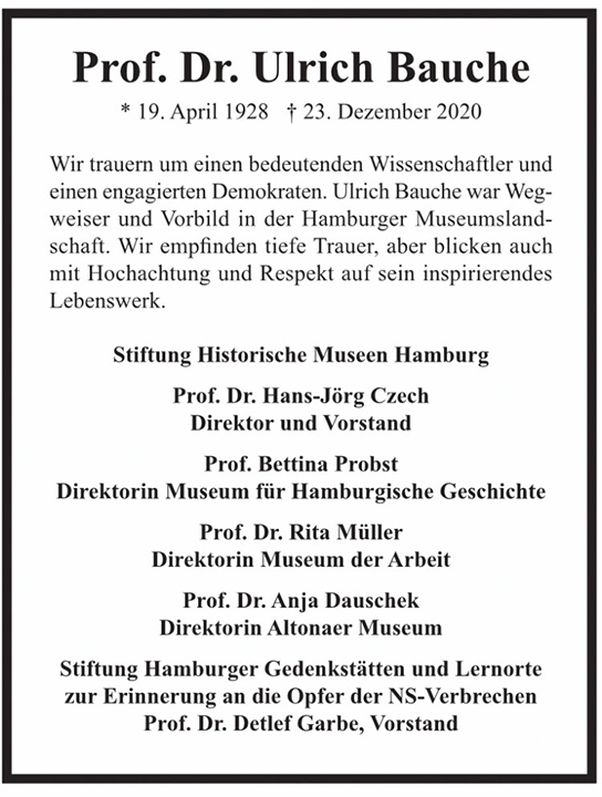 Traueranzeige von Ulrich Bauche von Hamburger Tageszeitungen und Anzeigenblättern der FUNKE Mediengruppe