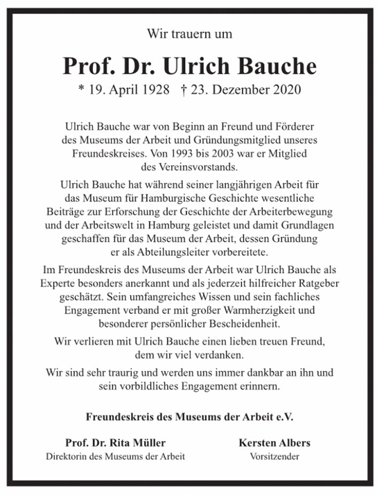 Traueranzeige von Ulrich Bauche von Hamburger Tageszeitungen und Anzeigenblättern der FUNKE Mediengruppe