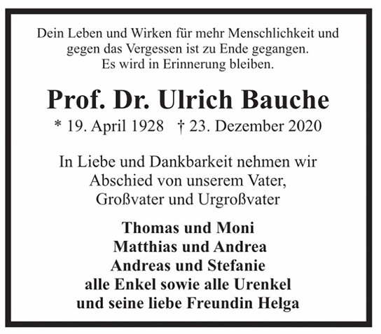 Traueranzeige von Ulrich Bauche von Hamburger Tageszeitungen und Anzeigenblättern der FUNKE Mediengruppe