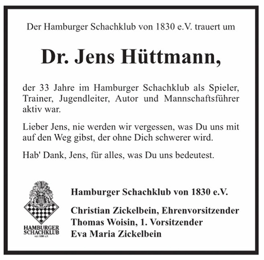 Traueranzeige von Jens Hüttmann von Hamburger Tageszeitungen und Anzeigenblättern der FUNKE Mediengruppe
