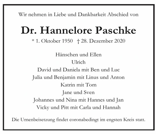 Traueranzeige von Hannelore Paschke von Hamburger Tageszeitungen und Anzeigenblättern der FUNKE Mediengruppe