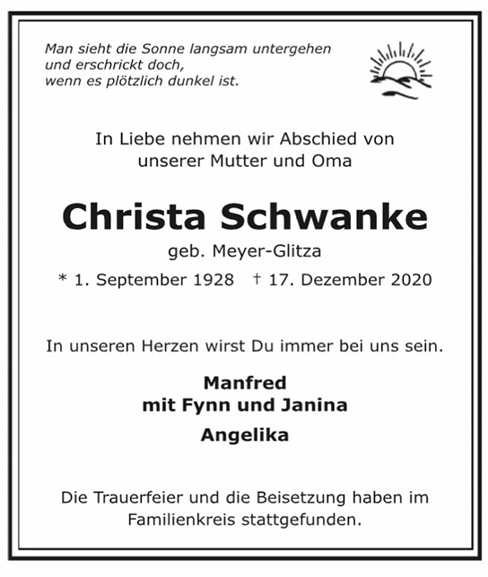 Traueranzeige von Christa Schwanke von Hamburger Tageszeitungen und Anzeigenblättern der FUNKE Mediengruppe