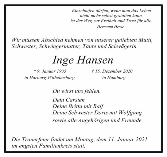 Traueranzeige von Inge Hansen von Hamburger Tageszeitungen und Anzeigenblättern der FUNKE Mediengruppe