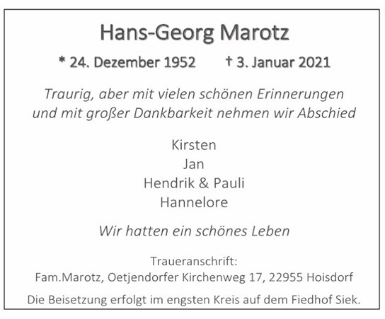Traueranzeige von Hans-Georg Marotz von Hamburger Tageszeitungen und Anzeigenblättern der FUNKE Mediengruppe