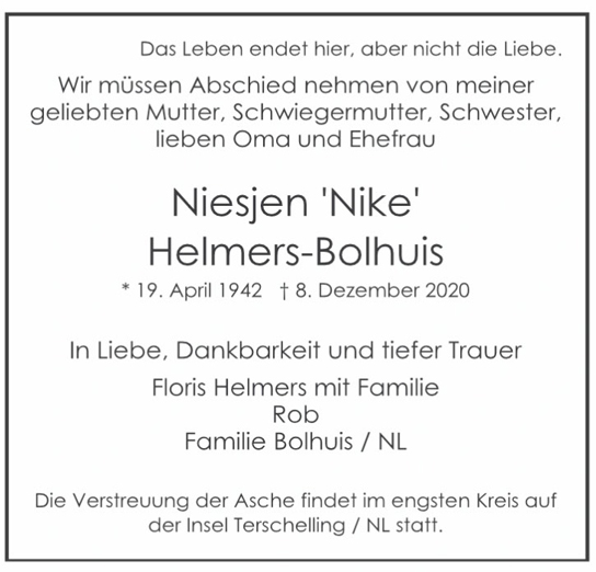 Traueranzeige von Niesjen Nike Helmers-Bolhuis von Hamburger Tageszeitungen und Anzeigenblättern der FUNKE Mediengruppe