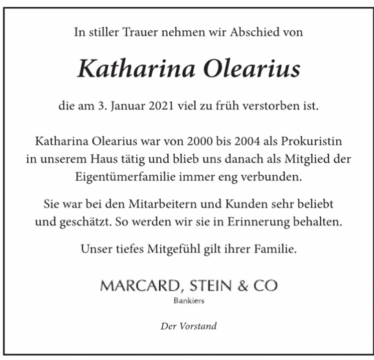 Traueranzeige von Katharina Olearius von Hamburger Tageszeitungen und Anzeigenblättern der FUNKE Mediengruppe